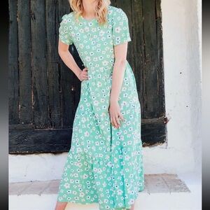 Sugarhill Brighton London Polly Maxi Tiered Dress Green Rainbow Daises NWT 6